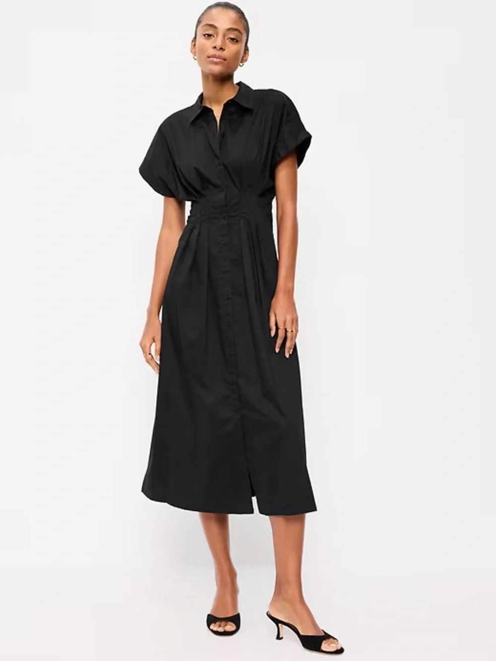 NEW! Old Navy Black Pintuck-Waist Midi Shirt Dress - Picture 1 of 4